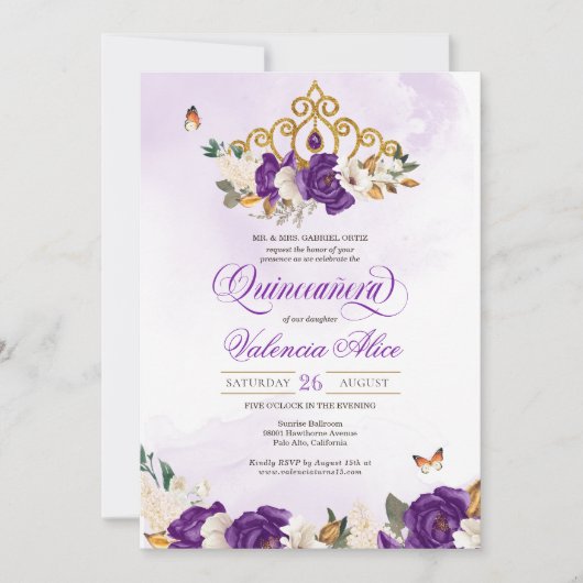 パープル王室のバラバタフライプリンセスキンセアニェラ 招待状 (正面)