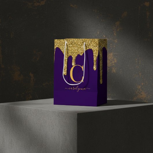 パープル王室の金ゴールドスパークルグリッタードリップスモノグラム ミディアムペーパーバッグ