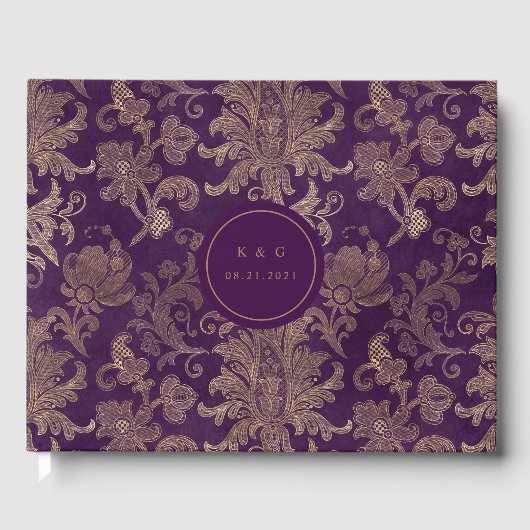 パープル王室の金ゴールドダマスクウェディングゲストブック ゲストブック (正面)