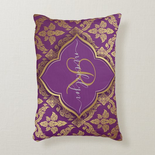 パープル王室の金ゴールドダマスクパターンフルーアモノグラム アクセントクッション (正面(垂直))