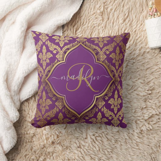 パープル王室の金ゴールドダマスクパターンフルーアモノグラム クッション (ブランケット)