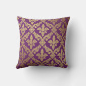 パープル王室の金ゴールドダマスクパターンフルーアモノグラム クッション (裏面)