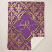 パープル王室の金ゴールドダマスクパターンフルーアモノグラム シェルパブランケット (正面)