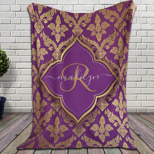 パープル王室の金ゴールドダマスクパターンフルーアモノグラム シェルパブランケット
