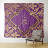パープル王室の金ゴールドダマスクパターンフルーアモノグラム タペストリー (インサイチュ(横))