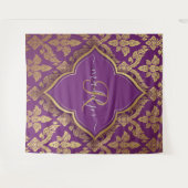 パープル王室の金ゴールドダマスクパターンフルーアモノグラム タペストリー (正面(横))