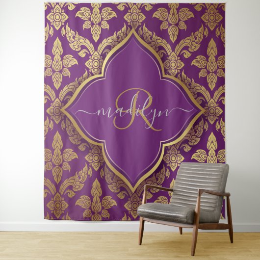 パープル王室の金ゴールドダマスクパターンフルーアモノグラム タペストリー (インサイチュ)