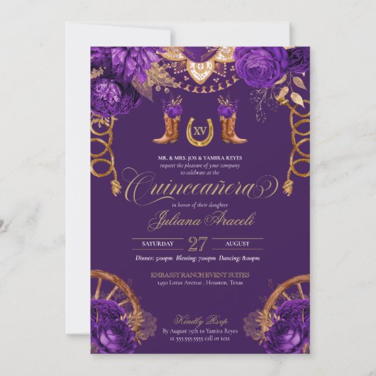 パープル王室の金ゴールドバラカントリー西キンセアニェラ 招待状 (正面)