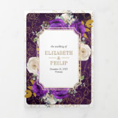 パープル王室の金ゴールドフローラすべてワンクレスト結婚 三つ折り招待状 (カバー)