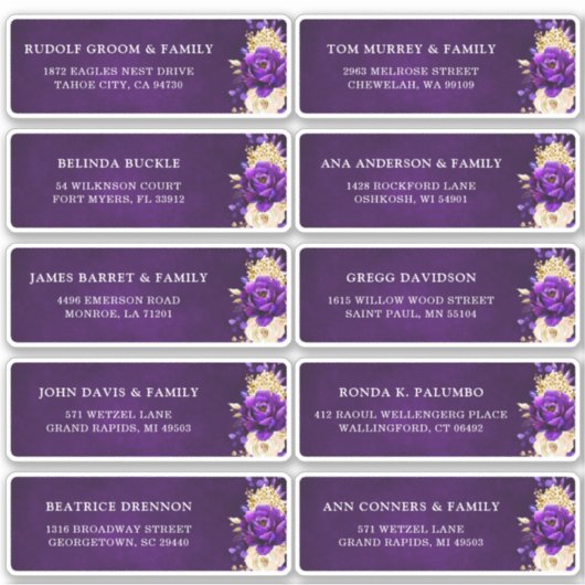 パープル王室の金ゴールドフローラ結婚のゲストアドレス シール (正面)