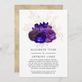 パープル王室の、ブルー、金ゴールドフローラの結婚ゲスト 案内状 (正面/裏面)