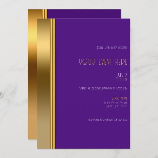 パープル王室の&金ゴールドグエレガントラムイベントまたはディナー 招待状 (正面/裏面)