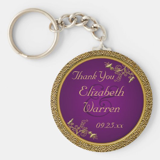 パープル王室の、金ゴールドフローラ結婚式の引き出物キーチェーン キーホルダー (正面)