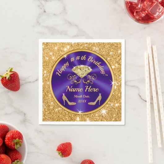 パープル王室の、金ゴールド、誕生日ナプキンスパーソナライズされた スタンダードカクテルナプキン (インサイチュ)