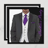 パープル白黒タキシードバチュラーパーティ招待状 招待状 (正面/裏面)