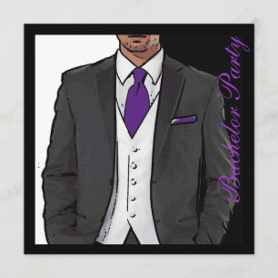 パープル白黒タキシードバチュラーパーティ招待状 招待状