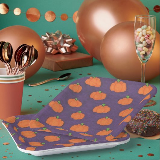 パープル秋カボチャ模様 ペーパープレート (複数)