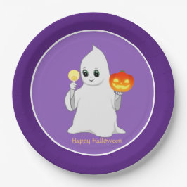 パープル系のキュートなハロウィンの幽霊とカボチャ ペーパープレート