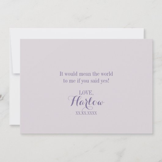 パープル紙吹雪が私のメイド・オブ・オーナー(花嫁付き添い人) 招待状 (裏面)