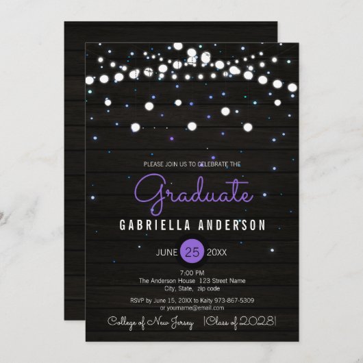 パープル紙吹雪スパークリー星卒業 招待状 (正面/裏面)