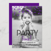 パープル紙吹雪フォトバースデーパーティー招待状 招待状 (正面/裏面)