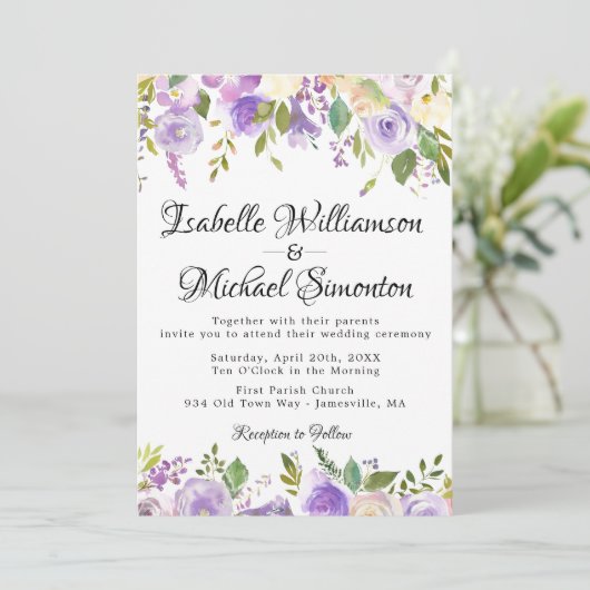 パープル素朴とクリームのフローラ結婚式招待状 招待状 (スタンド正面)