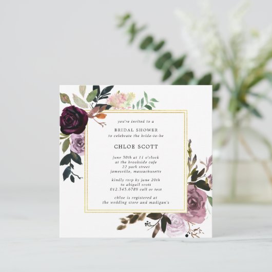 パープル素朴とマウブピンクのフローラブライダルシャワー 招待状 (スタンド正面)