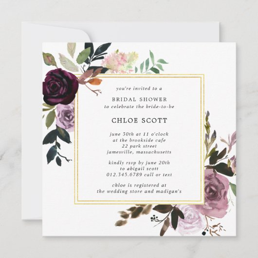 パープル素朴とマウブピンクのフローラブライダルシャワー 招待状 (正面)