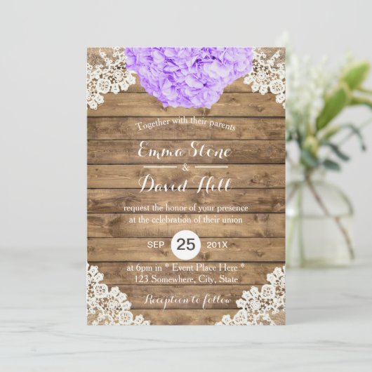パープル素朴アジサイフローラレースバーンズ結婚ズ 招待状 (スタンド正面)