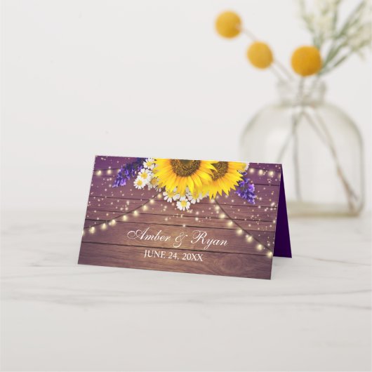 パープル素朴イエローサンフラワーフローラカントリーバーン プレイスカード (正面)