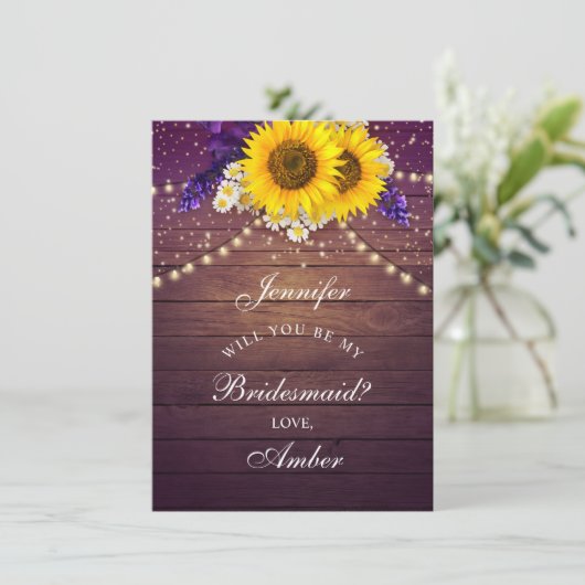 パープル素朴イエローサンフラワーフローラカントリーバーン 招待状 (スタンド正面)