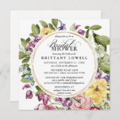 パープル素朴イエローフローラグリーンブライダルシャワー 招待状 (正面/裏面)