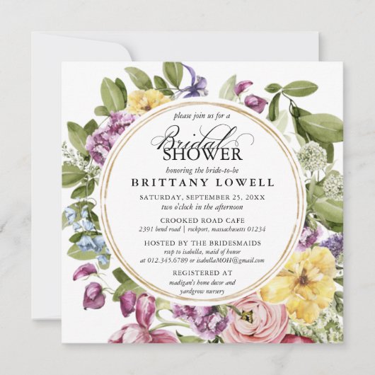 パープル素朴イエローフローラグリーンブライダルシャワー 招待状 (正面)