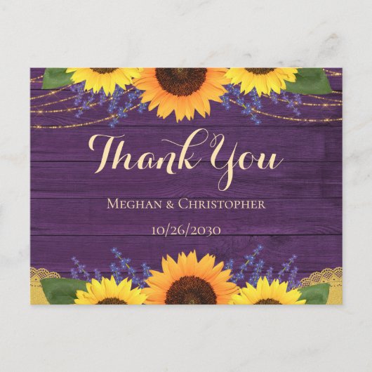 パープル素朴ウッドひまわり結婚の感謝 ポストカード (正面)