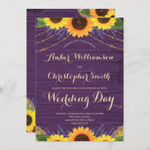 パープル素朴ウッドストリングライツヒマワリ結婚ーズ 招待状 (正面/裏面)