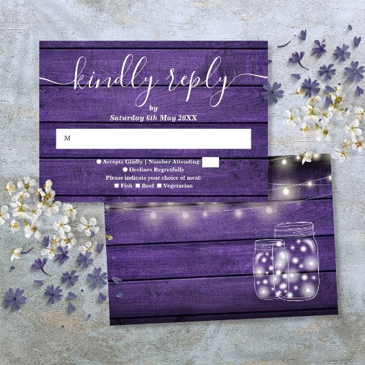 パープル素朴ウッドストリングライツライツメイソンジャース 出欠カード