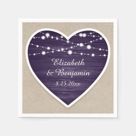 パープル素朴ウッドストリングライトバーラップ結婚ズ スタンダードカクテルナプキン (正面)
