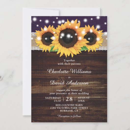 パープル素朴ウッドヒマワリ結婚式招待状 招待状 (正面)