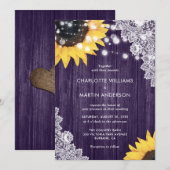 パープル素朴ウッドフローラレースサンフラワー結婚ズ 招待状 (正面/裏面)