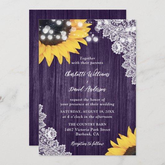 パープル素朴ウッドフローラレースサンフラワー結婚ズ 招待状 (正面/裏面)
