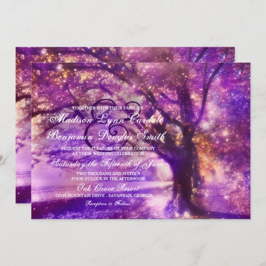 パープル素朴オークツリー結婚式招待状 招待状 (正面/裏面)