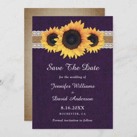 パープル素朴カントリーひま結婚わり セーブザデート (正面/裏面)