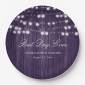 パープル素朴カントリー木材ストリングラ結婚イト ペーパープレート (正面)