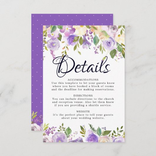 パープル素朴クリームフローラの結婚詳細カード エンクロージャーカード (正面/裏面)