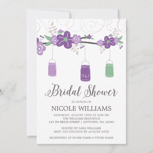 パープル素朴グリーンメイソンジャーブランチブライダルシャワー 招待状 (正面)