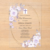 パープル素朴バラフローラファーストホーリーコミュニオン アクリル招待状 (正面)