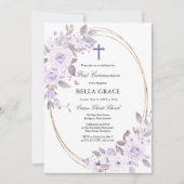 パープル素朴バラフローラファーストホーリーコミュニオン 招待状 (正面)