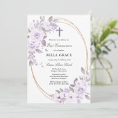 パープル素朴バラフローラファーストホーリーコミュニオン 招待状 (スタンド正面)