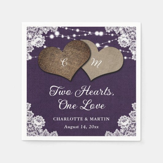 パープル素朴バーラップレースのストリングラ結婚イト スタンダードカクテルナプキン (正面)