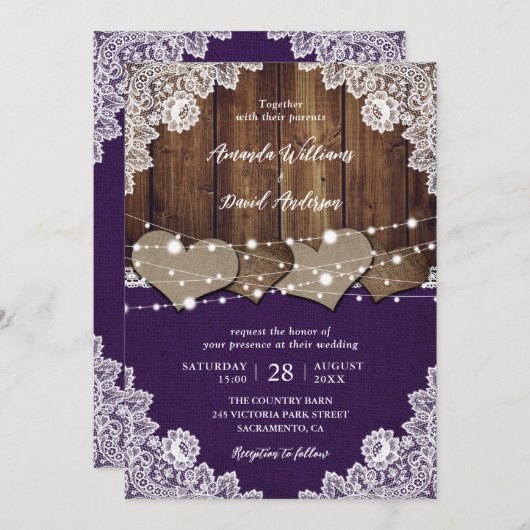 パープル素朴バーンウッドバーラップレース結婚ズ 招待状 (正面/裏面)